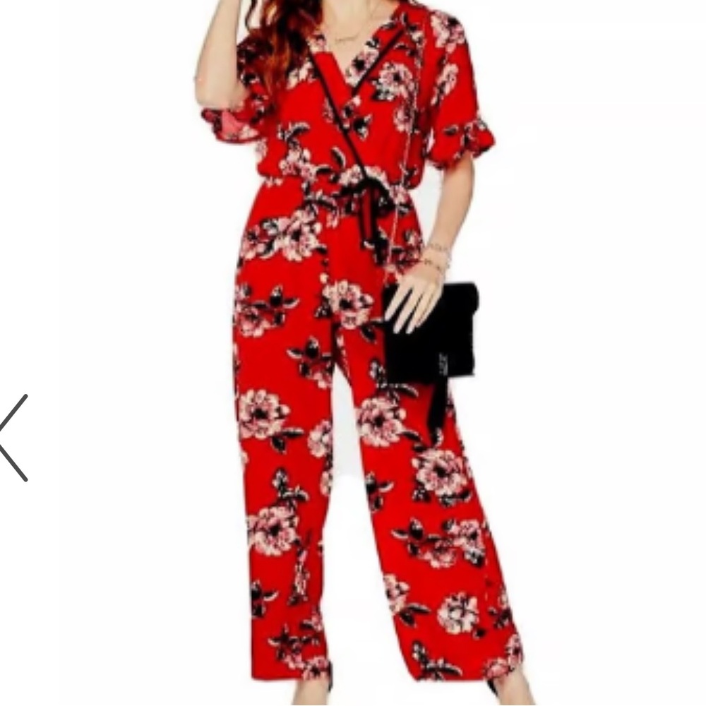 Charming Charlie Red Floral Wide Leg Jumpsuit Size M | Ruffle Sleeve | Boho Chic